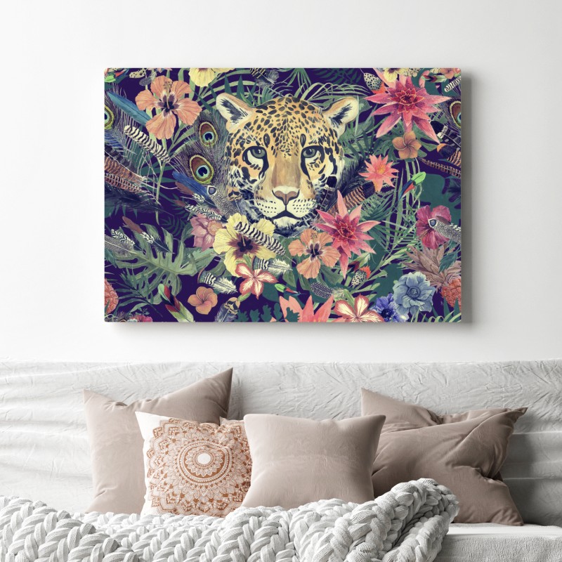 Obraz na płótnie vintage akwarelowy lampart w tropikalnych liściach – Wallissimo® Obraz na płótnie vintage akwarelowy lampart w tropikalnych liściach – Wallissimo®