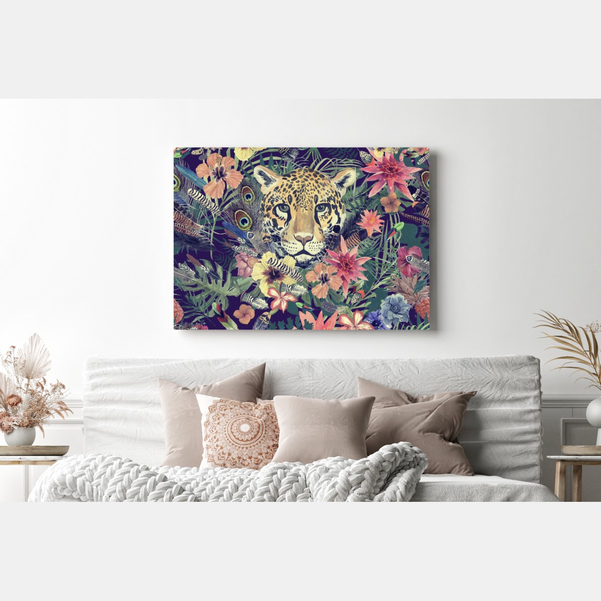 Obraz na płótnie vintage akwarelowy lampart w tropikalnych liściach – Wallissimo® Obraz na płótnie vintage akwarelowy lampart w tropikalnych liściach – Wallissimo®