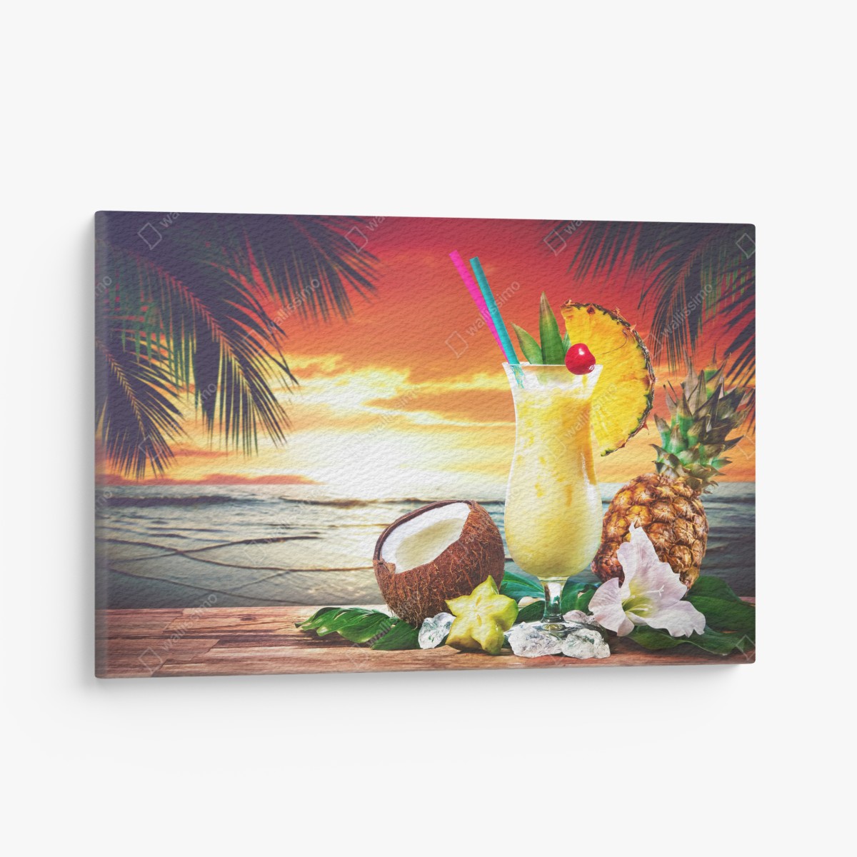 Canvas print tropical pineapple and coconut sunset