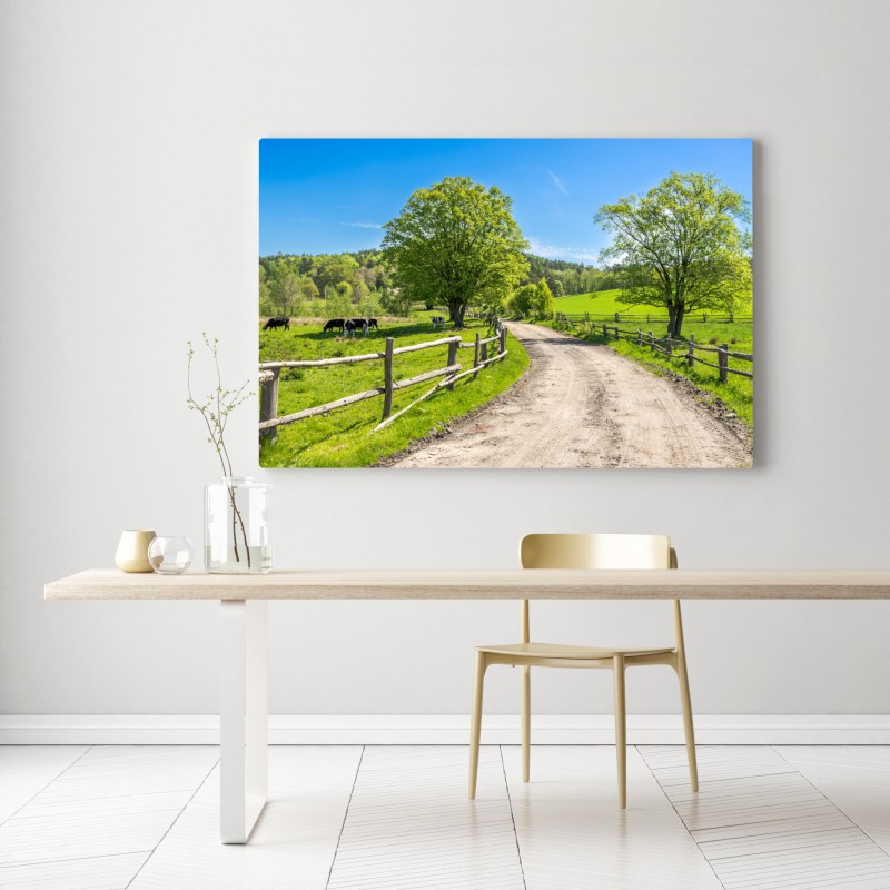 Obraz na płótnie słoneczna wiejska droga przez zielone łąki – Wallissimo® Obraz na płótnie słoneczna wiejska droga przez zielone łąki – Wallissimo®