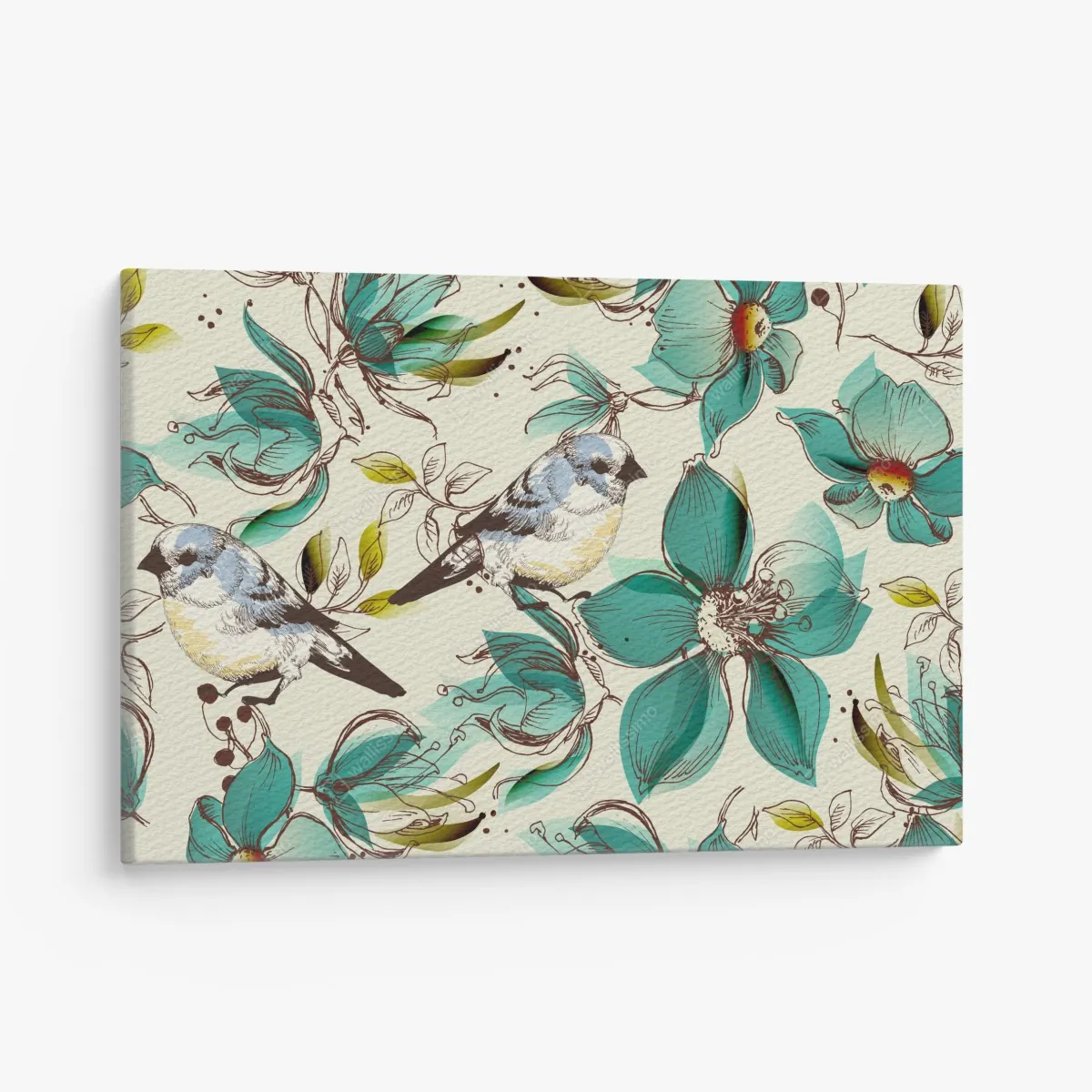 Obraz na płótnie retro miętowy wzór kwiatów i ptaków – Wallissimo® Obraz na płótnie retro miętowy wzór kwiatów i ptaków – Wallissimo®