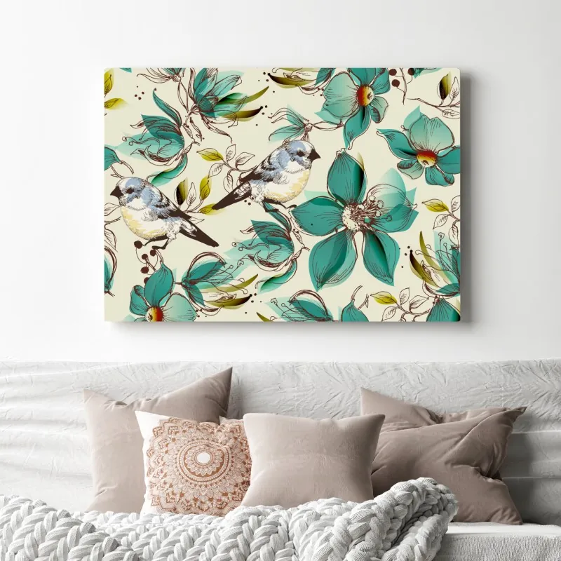 Obraz na płótnie retro miętowy wzór kwiatów i ptaków – Wallissimo® Obraz na płótnie retro miętowy wzór kwiatów i ptaków – Wallissimo®