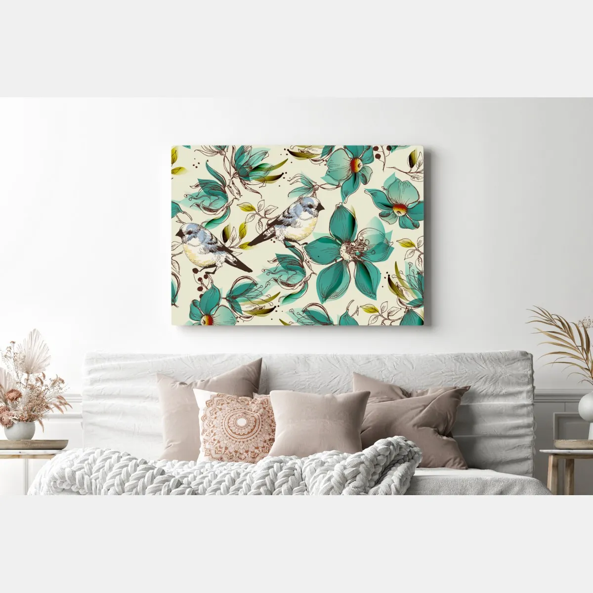 Obraz na płótnie retro miętowy wzór kwiatów i ptaków – Wallissimo® Obraz na płótnie retro miętowy wzór kwiatów i ptaków – Wallissimo®