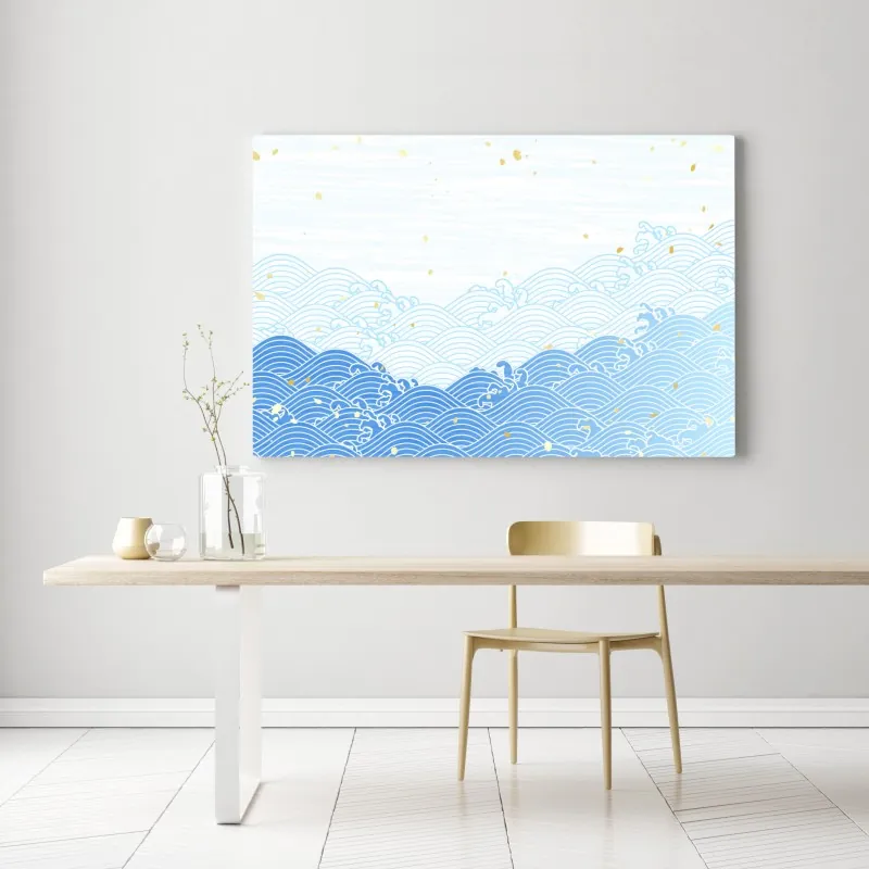 Obraz na płótnie spokojne niebieskie fale ze złotymi akcentami – Wallissimo® Obraz na płótnie spokojne niebieskie fale ze złotymi akcentami – Wallissimo®