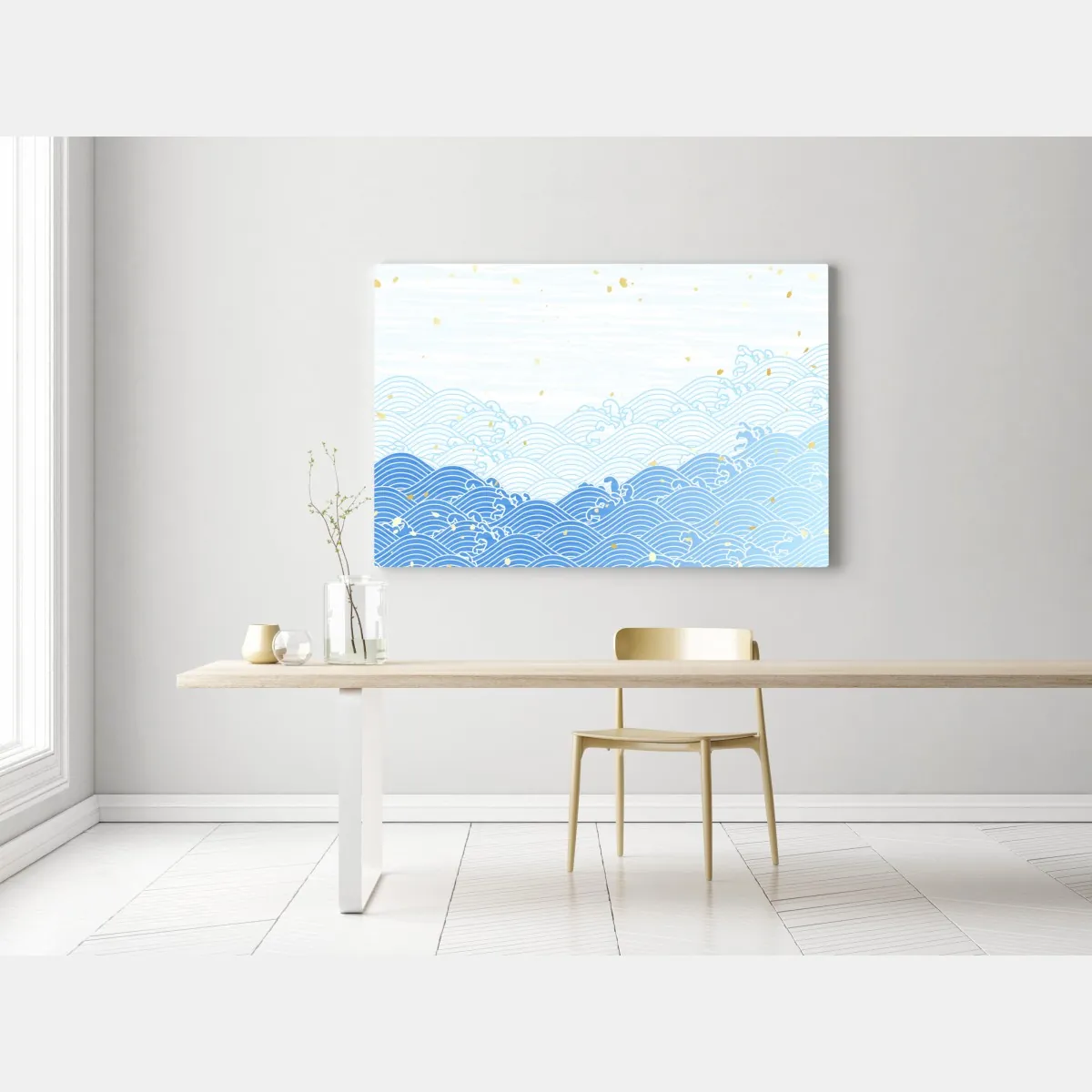 Obraz na płótnie spokojne niebieskie fale ze złotymi akcentami – Wallissimo® Obraz na płótnie spokojne niebieskie fale ze złotymi akcentami – Wallissimo®