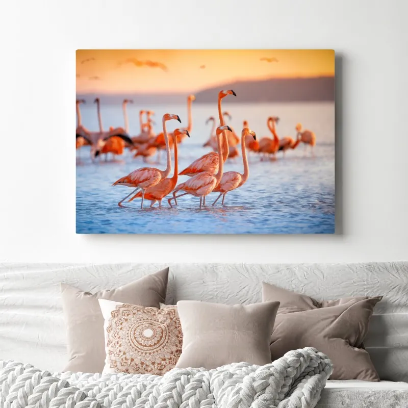 Obraz na płótnie różowe flamingi o zachodzie słońca – Wallissimo® Obraz na płótnie różowe flamingi o zachodzie słońca – Wallissimo®