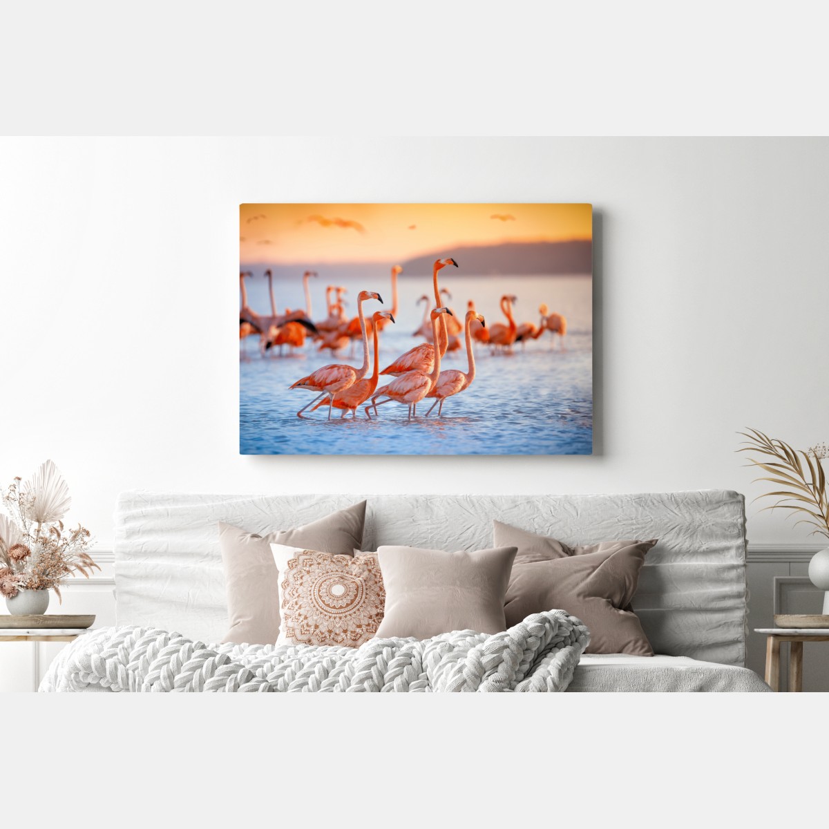 Obraz na płótnie różowe flamingi o zachodzie słońca – Wallissimo® Obraz na płótnie różowe flamingi o zachodzie słońca – Wallissimo®