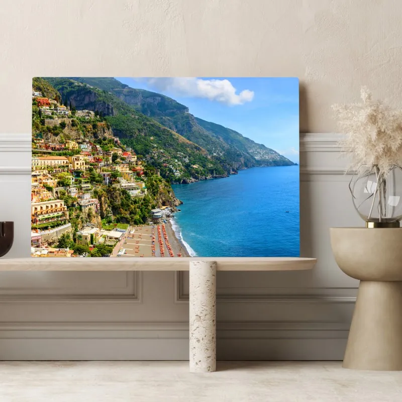 Obraz na płótnie kolorowa panorama nadmorskiego miasteczka na klifie – Wallissimo® Obraz na płótnie kolorowa panorama nadmorskiego miasteczka na klifie – Wallissimo®