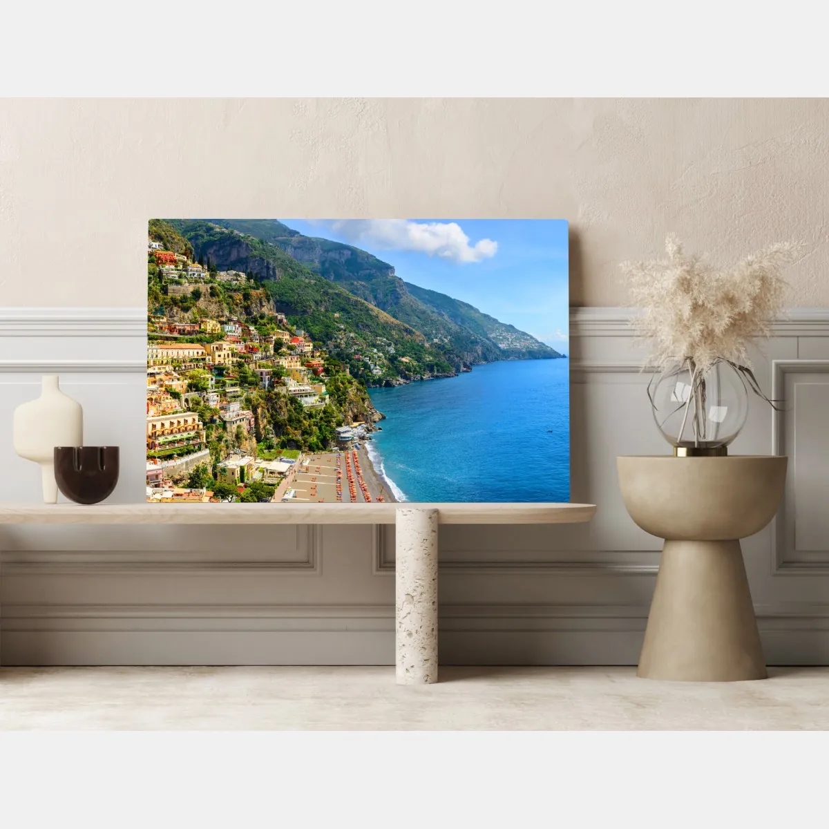 Obraz na płótnie kolorowa panorama nadmorskiego miasteczka na klifie – Wallissimo® Obraz na płótnie kolorowa panorama nadmorskiego miasteczka na klifie – Wallissimo®