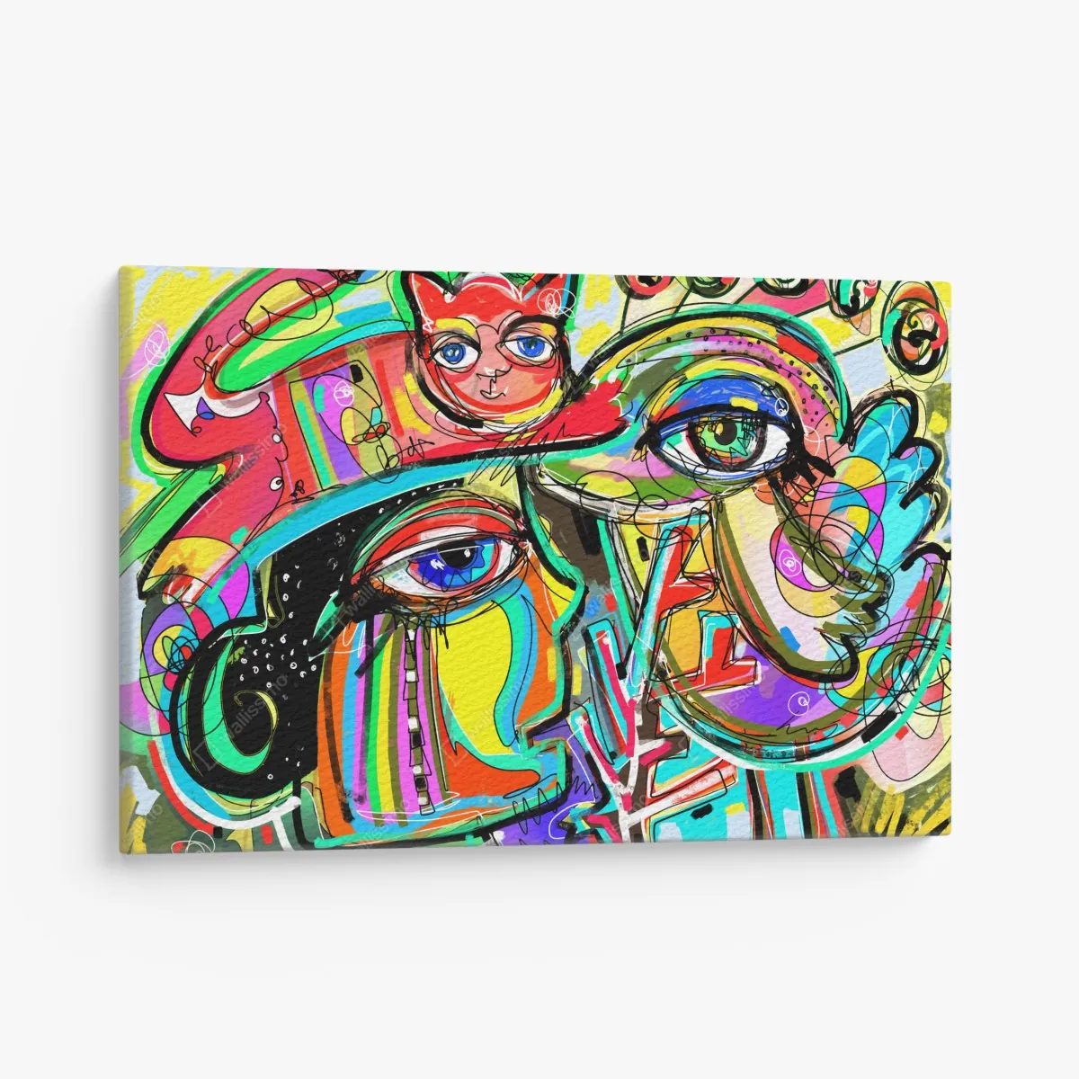 Obraz na płótnie żywe abstrakcyjne twarze z kotem i ptakiem – Wallissimo® Obraz na płótnie żywe abstrakcyjne twarze z kotem i ptakiem – Wallissimo®