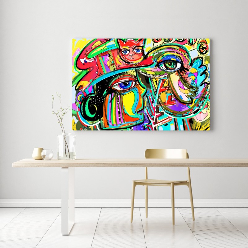 Obraz na płótnie żywe abstrakcyjne twarze z kotem i ptakiem – Wallissimo® Obraz na płótnie żywe abstrakcyjne twarze z kotem i ptakiem – Wallissimo®