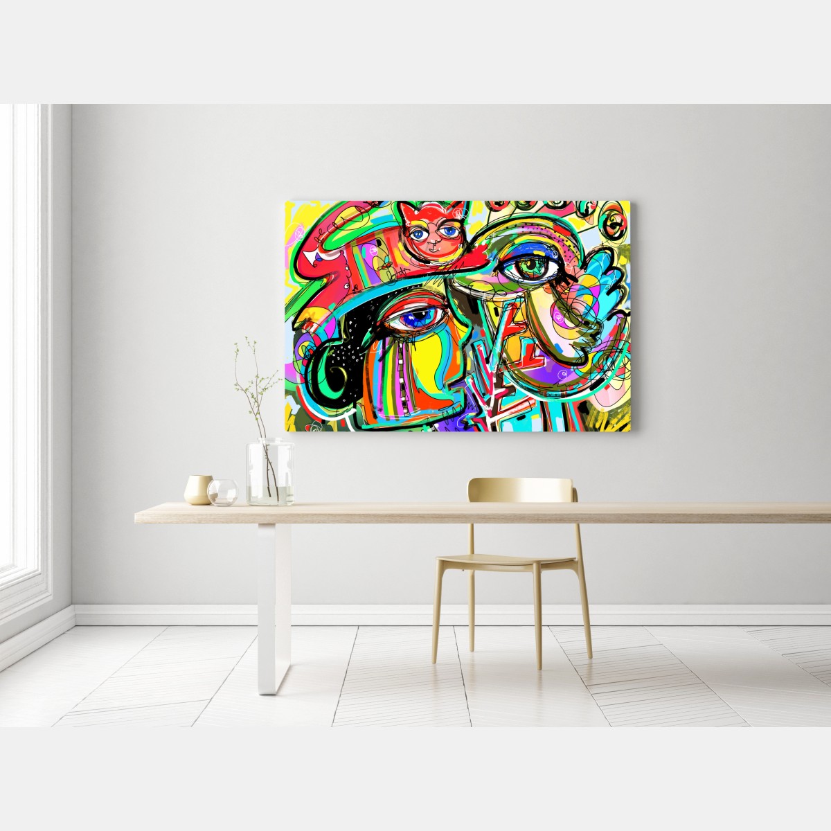 Obraz na płótnie żywe abstrakcyjne twarze z kotem i ptakiem – Wallissimo® Obraz na płótnie żywe abstrakcyjne twarze z kotem i ptakiem – Wallissimo®