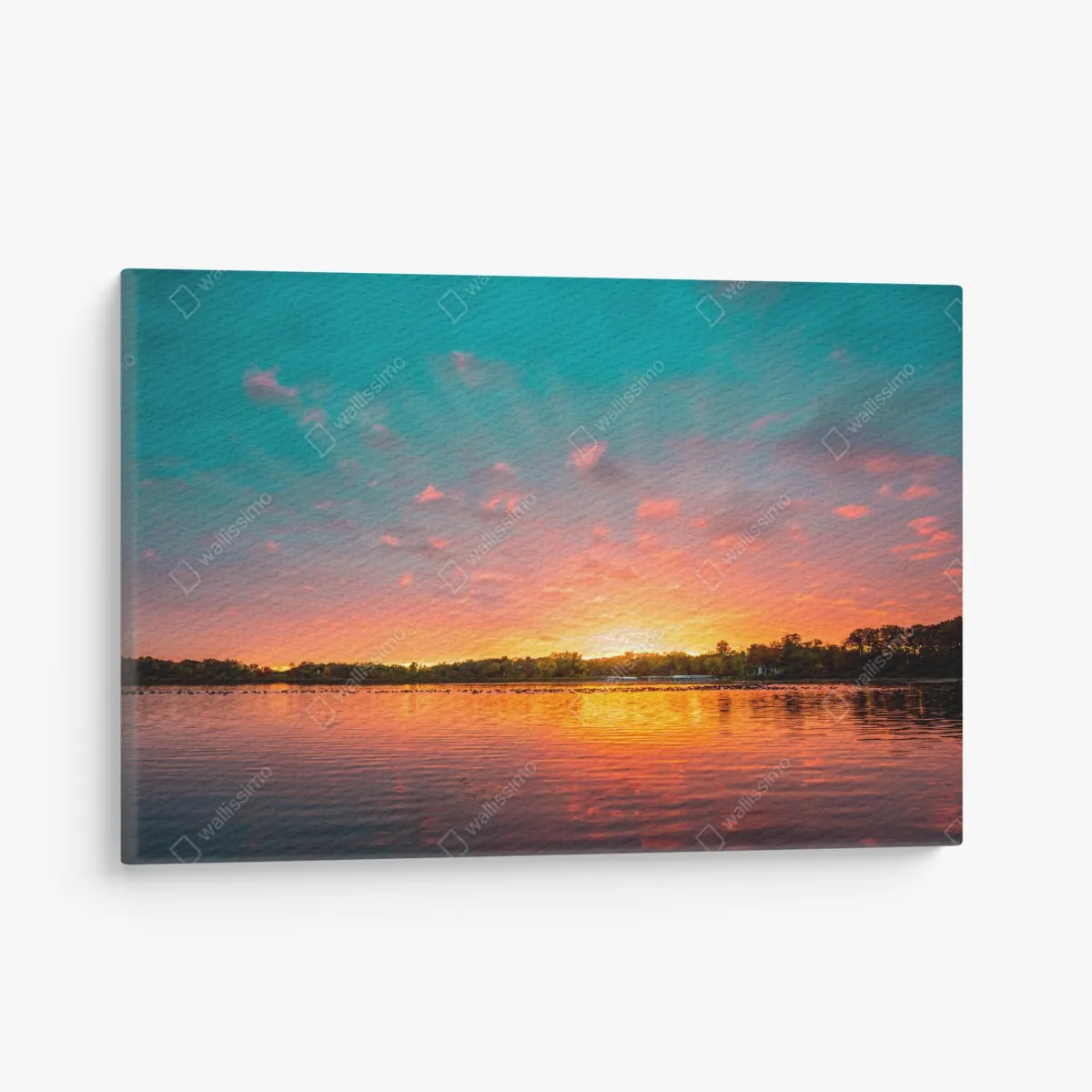 Obraz na płótnie turkusowy zachód słońca nad spokojnym jeziorem – Wallissimo® Obraz na płótnie turkusowy zachód słońca nad spokojnym jeziorem – Wallissimo®