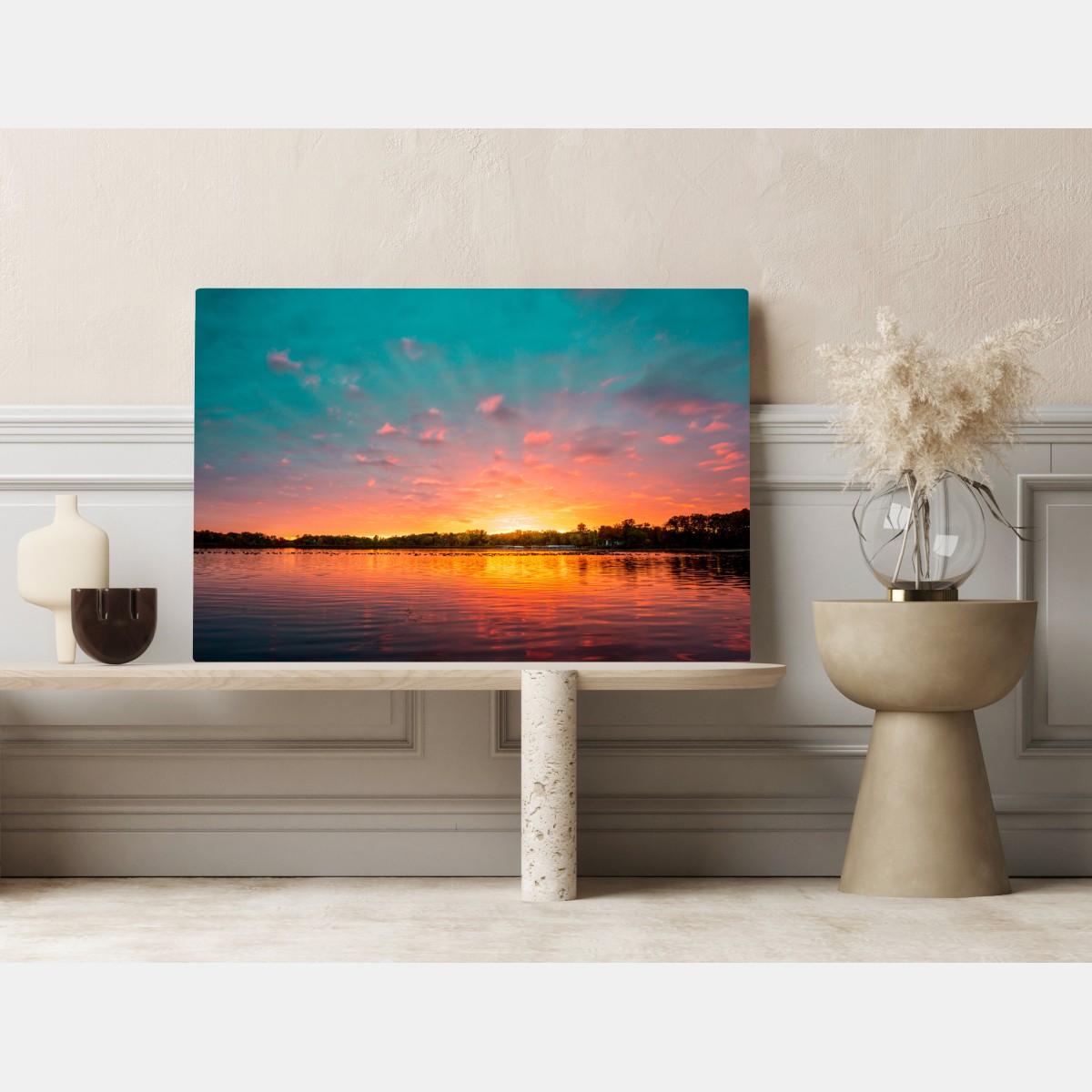 Obraz na płótnie turkusowy zachód słońca nad spokojnym jeziorem – Wallissimo® Obraz na płótnie turkusowy zachód słońca nad spokojnym jeziorem – Wallissimo®