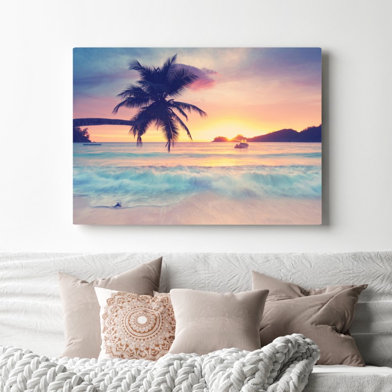 Obraz na płótnie tropikalny pastelowy zachód słońca nad morzem – Wallissimo® Obraz na płótnie tropikalny pastelowy zachód słońca nad morzem – Wallissimo®
