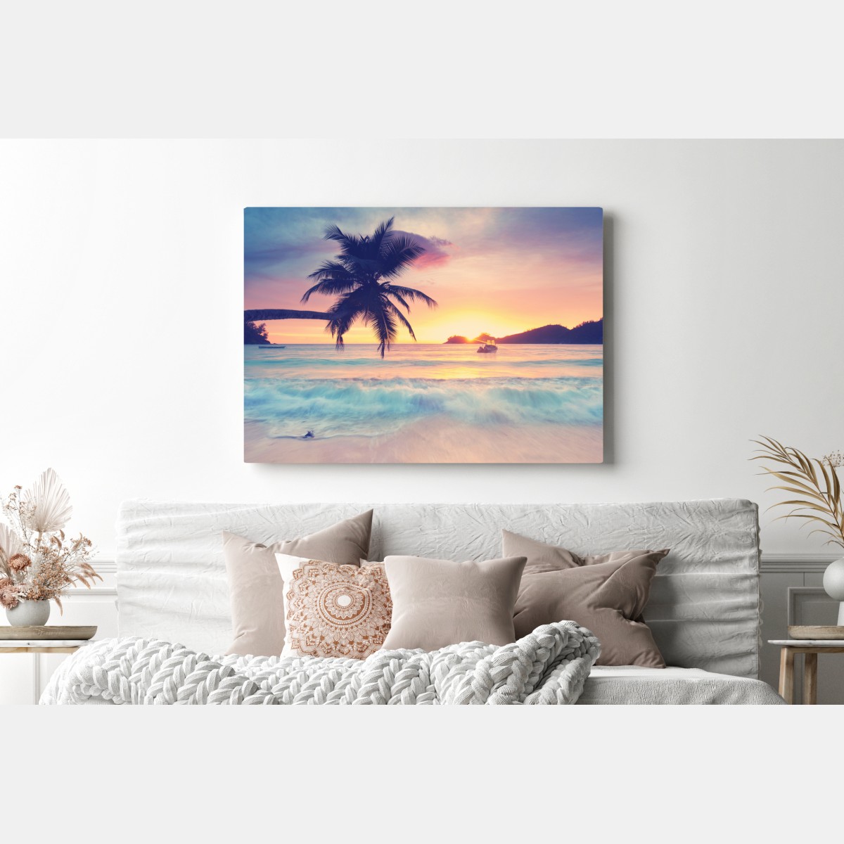 Obraz na płótnie tropikalny pastelowy zachód słońca nad morzem – Wallissimo® Obraz na płótnie tropikalny pastelowy zachód słońca nad morzem – Wallissimo®