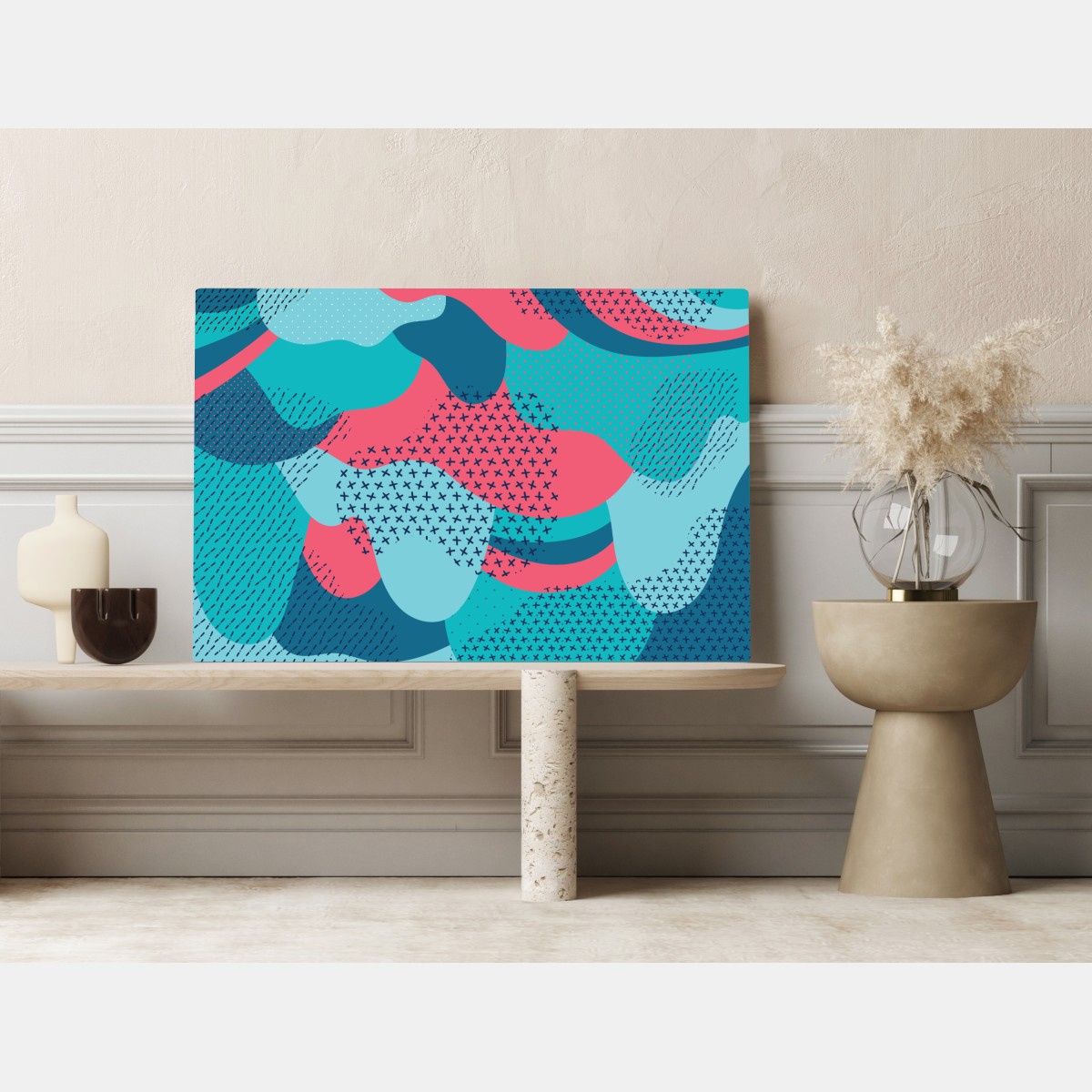Obraz na płótnie abstrakcyjny falisty wzór w turkusie i koralu – Wallissimo® Obraz na płótnie abstrakcyjny falisty wzór w turkusie i koralu – Wallissimo®