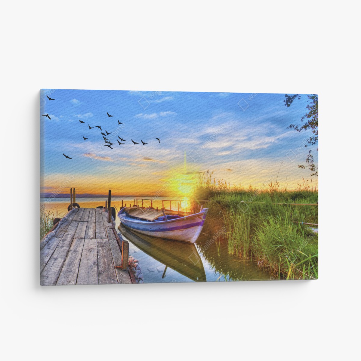 Canvas print sunset boat at tranquil lake pier