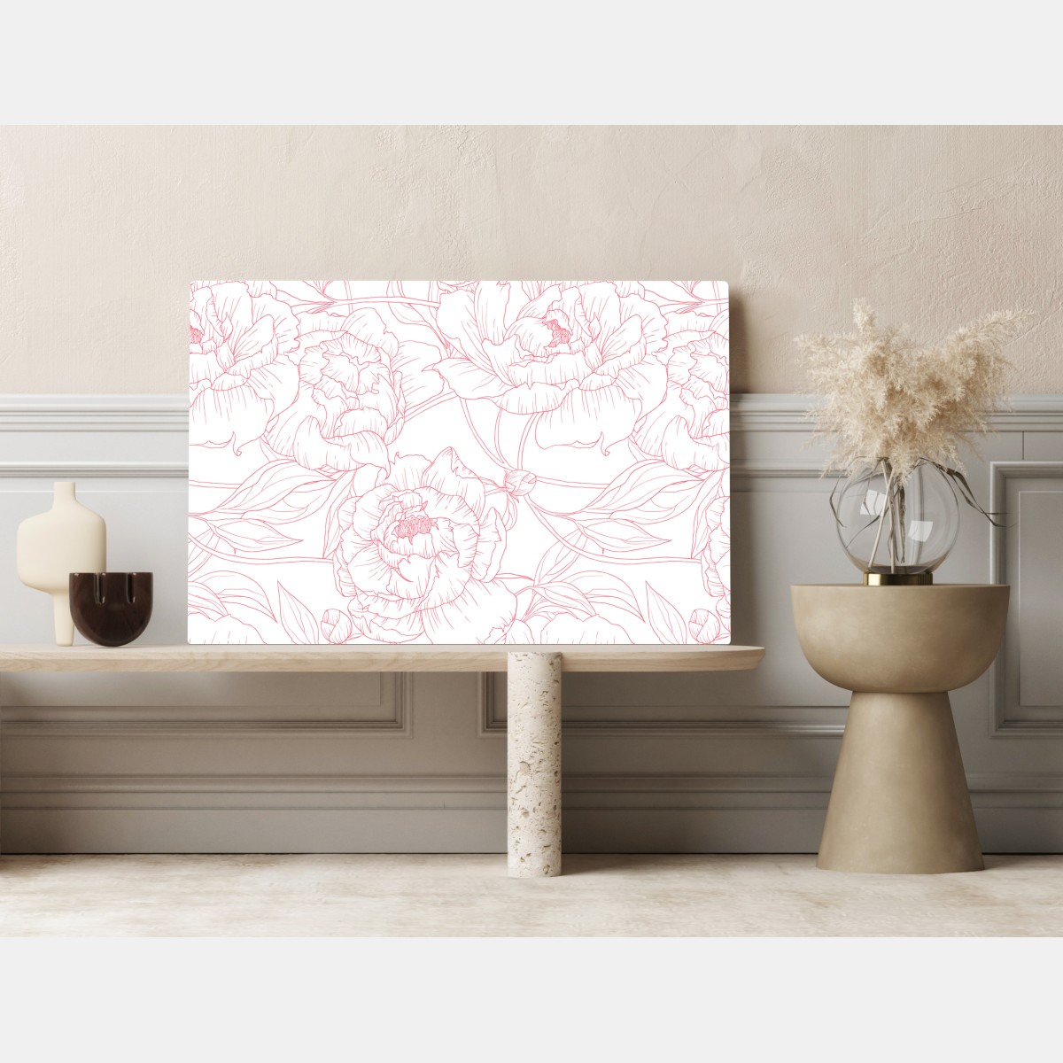 Obraz na płótnie delikatny różowy wzór piwonii w stylu line art – Wallissimo® Obraz na płótnie delikatny różowy wzór piwonii w stylu line art – Wallissimo®