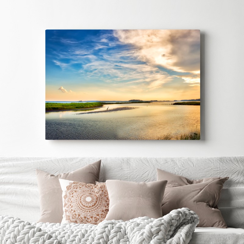 Obraz na płótnie czapla nad zatoką Chesapeake o zachodzie słońca – Wallissimo® Obraz na płótnie czapla nad zatoką Chesapeake o zachodzie słońca – Wallissimo®