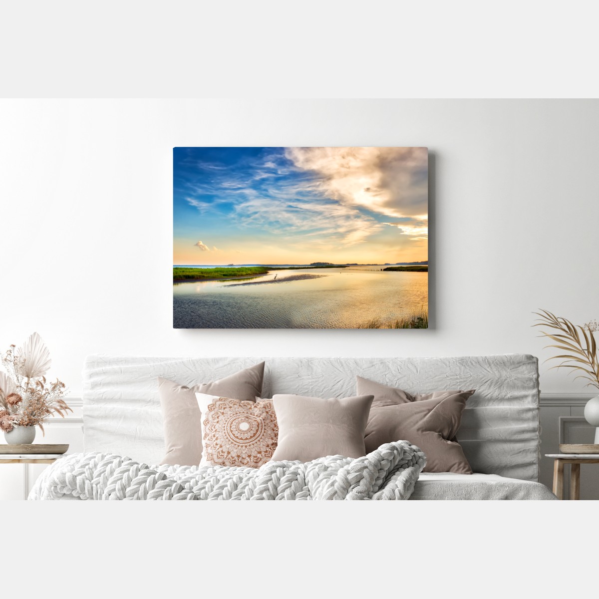 Obraz na płótnie czapla nad zatoką Chesapeake o zachodzie słońca – Wallissimo® Obraz na płótnie czapla nad zatoką Chesapeake o zachodzie słońca – Wallissimo®