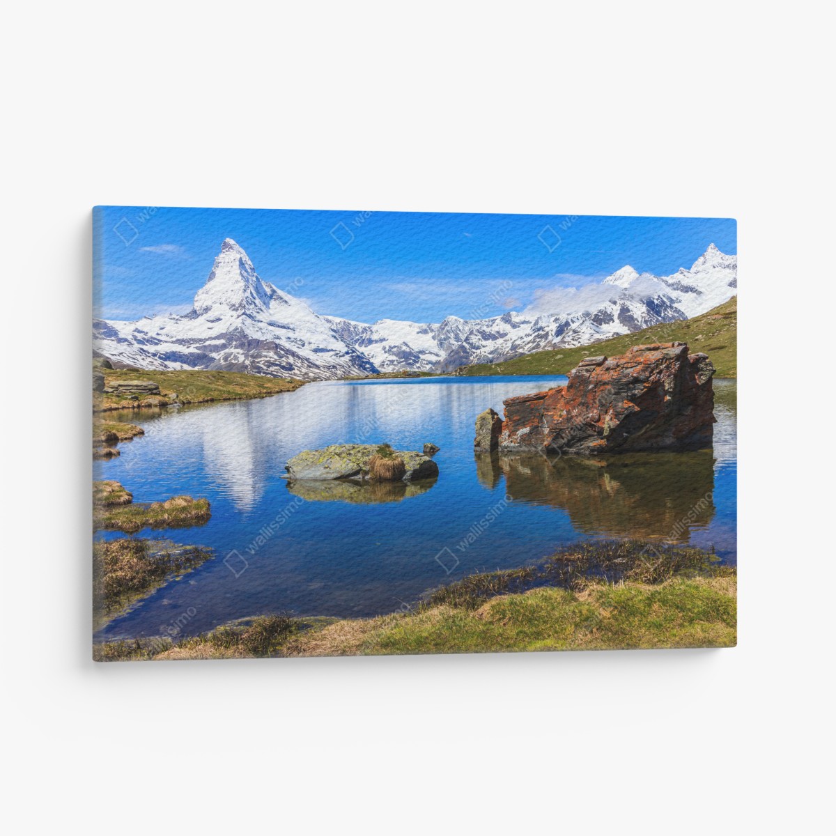 Canvas print tranquil reflection of the Matterhorn at Stellisee, Zermatt