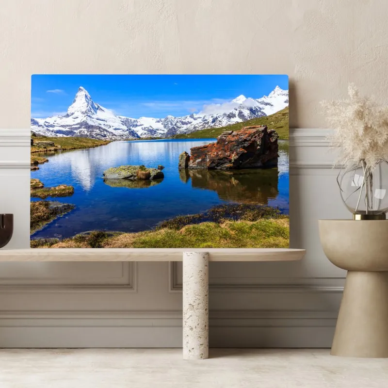 Obraz na płótnie spokojne odbicie Matterhornu nad jeziorem Stellisee, Zermatt – Wallissimo® Obraz na płótnie spokojne odbicie Matterhornu nad jeziorem Stellisee, Zermatt – Wallissimo®