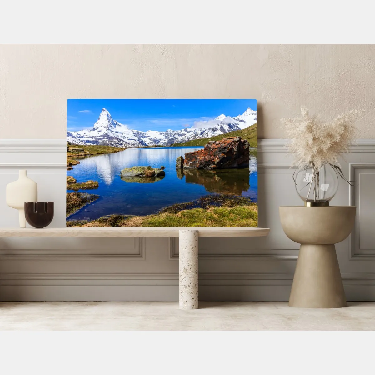 Obraz na płótnie spokojne odbicie Matterhornu nad jeziorem Stellisee, Zermatt – Wallissimo® Obraz na płótnie spokojne odbicie Matterhornu nad jeziorem Stellisee, Zermatt – Wallissimo®