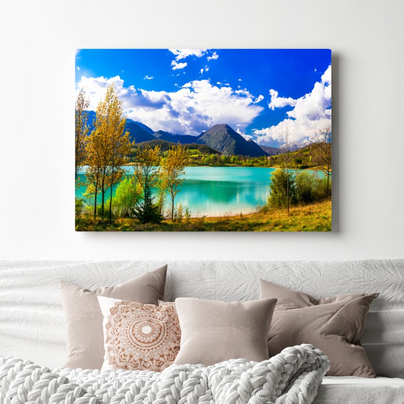 Obraz na płótnie turkusowe jezioro i górski pejzaż – Wallissimo® Obraz na płótnie turkusowe jezioro i górski pejzaż – Wallissimo®