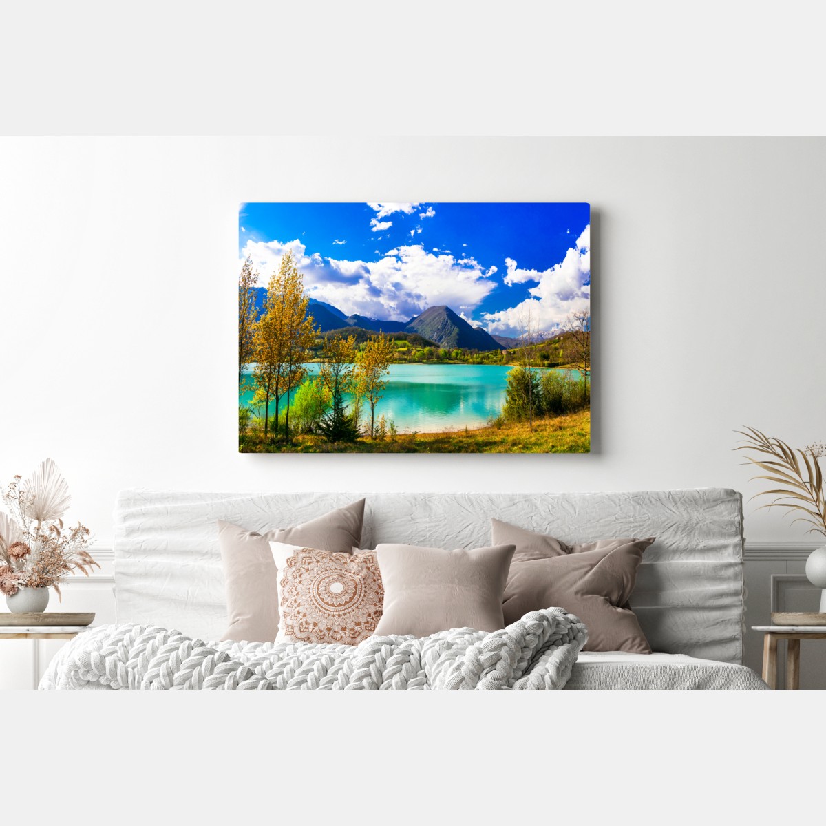 Obraz na płótnie turkusowe jezioro i górski pejzaż – Wallissimo® Obraz na płótnie turkusowe jezioro i górski pejzaż – Wallissimo®