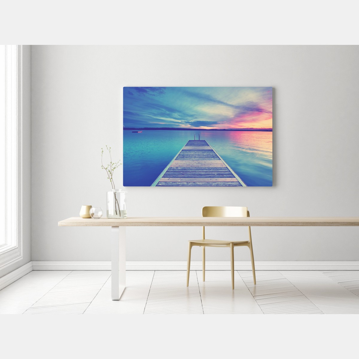 Obraz na płótnie pastelowy pomost nad jeziorem o zachodzie słońca – Wallissimo® Obraz na płótnie pastelowy pomost nad jeziorem o zachodzie słońca – Wallissimo®