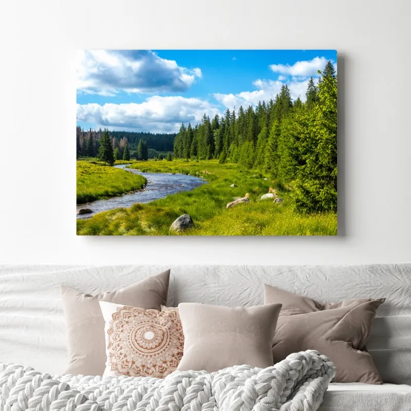 Obraz na płótnie spokojna rzeka nad łąką – Wallissimo® Obraz na płótnie spokojna rzeka nad łąką – Wallissimo®