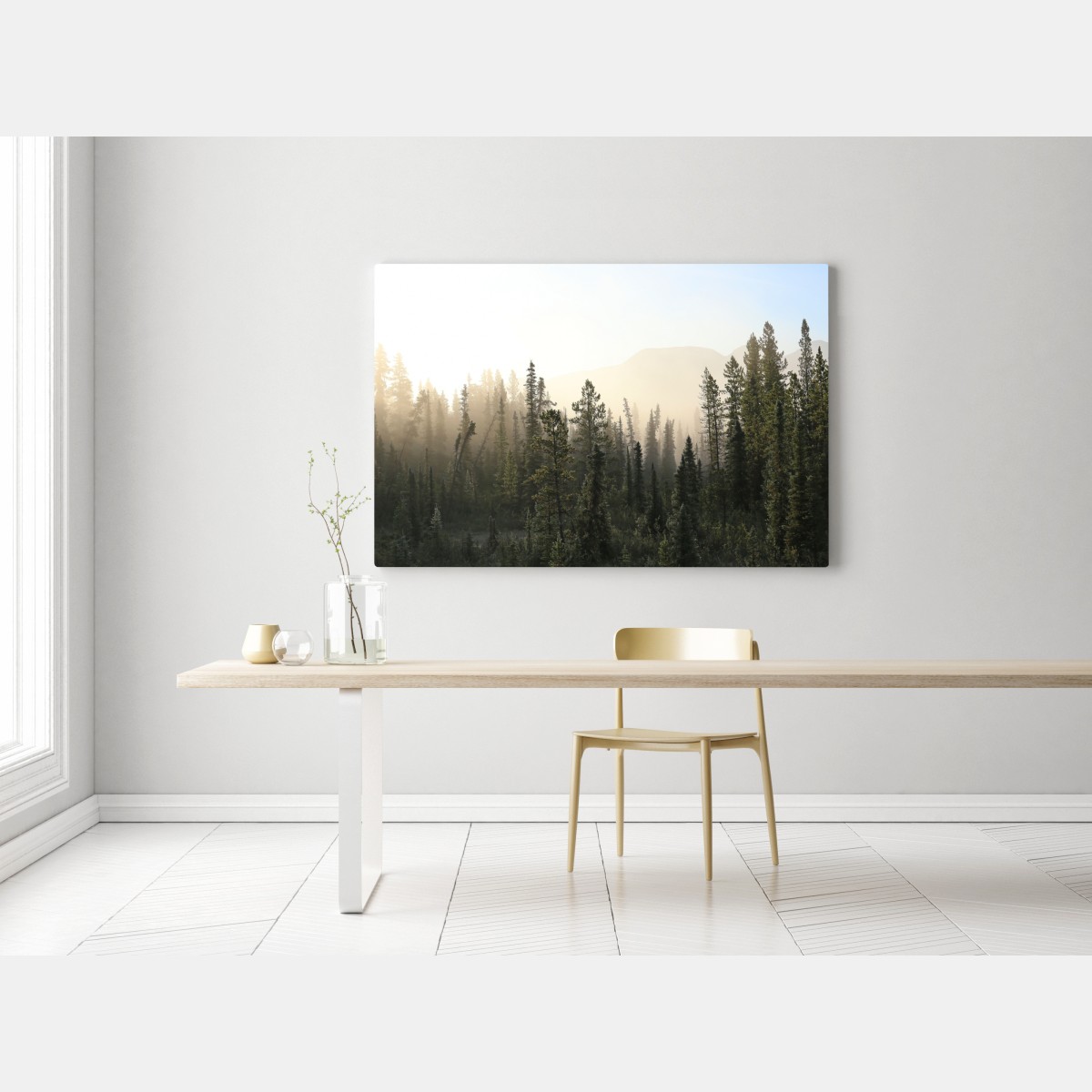 Obraz na płótnie mglisty las sosnowy o wschodzie słońca – Wallissimo® Obraz na płótnie mglisty las sosnowy o wschodzie słońca – Wallissimo®