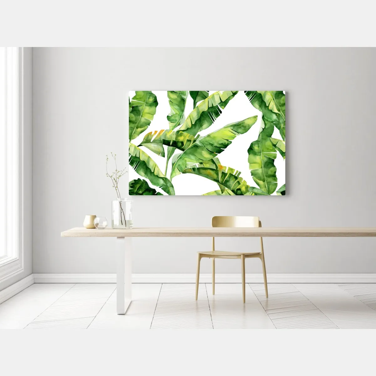 Obraz na płótnie tropikalny wzór z liśćmi bananowca w akwareli – Wallissimo® Obraz na płótnie tropikalny wzór z liśćmi bananowca w akwareli – Wallissimo®
