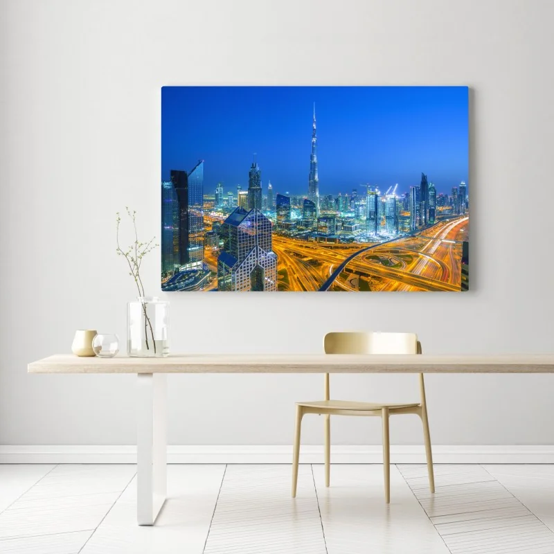 Obraz na płótnie panorama Dubaju o zmierzchu – Wallissimo® Obraz na płótnie panorama Dubaju o zmierzchu – Wallissimo®