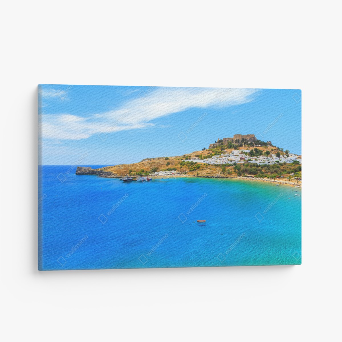 Canvas print sunlit coastal bay with hillside village