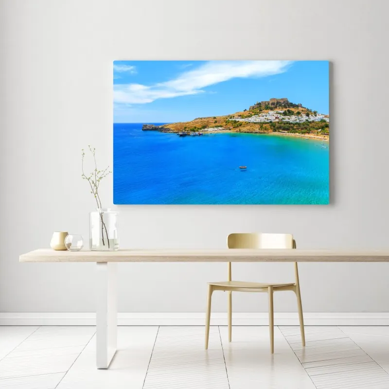 Obraz na płótnie słoneczna zatoka z nadmorskim miasteczkiem – Wallissimo® Obraz na płótnie słoneczna zatoka z nadmorskim miasteczkiem – Wallissimo®