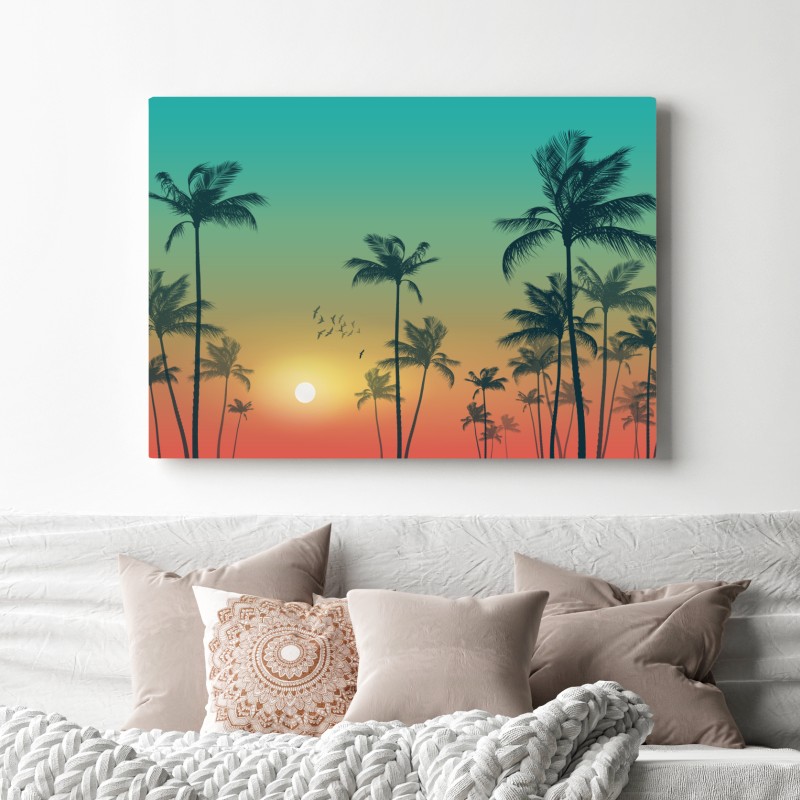 Obraz na płótnie tropikalny zachód słońca z palmami