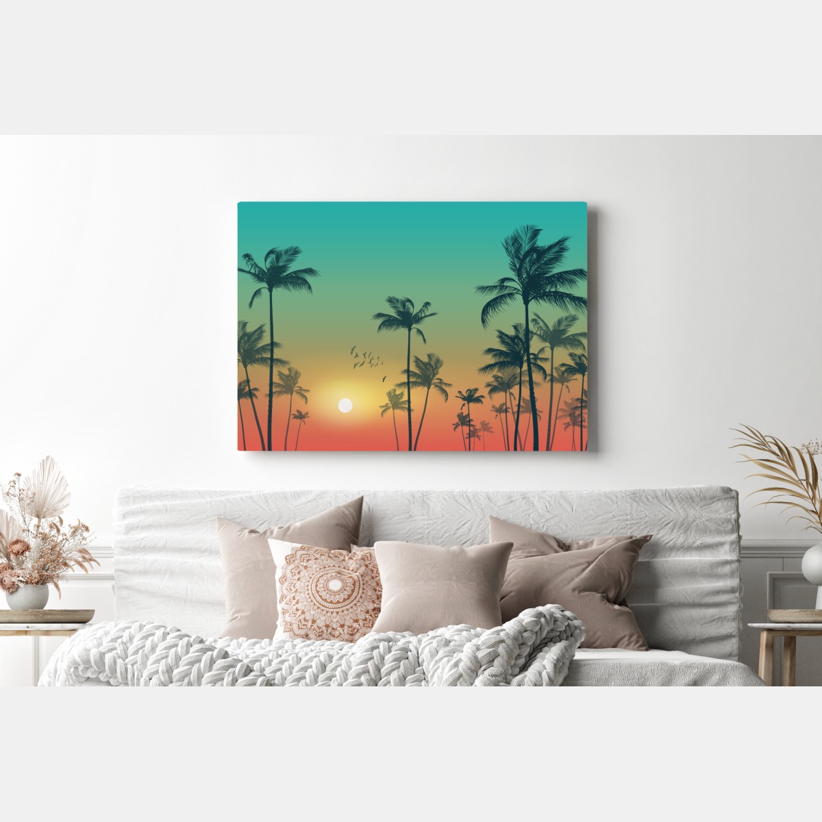 Obraz na płótnie tropikalny zachód słońca z palmami – Wallissimo® Obraz na płótnie tropikalny zachód słońca z palmami – Wallissimo®