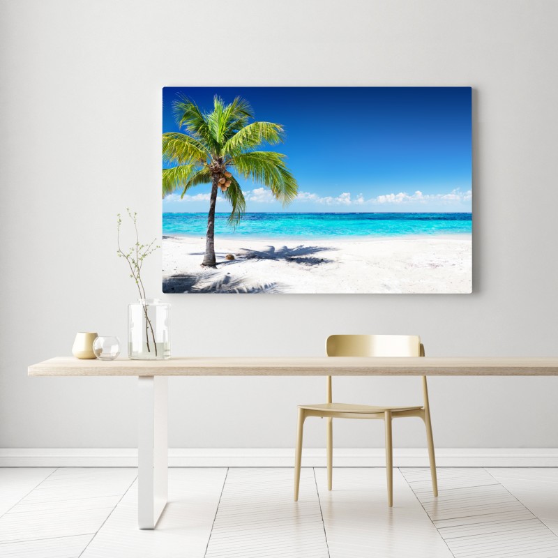 Obraz na płótnie tropikalna palma na turkusowej plaży – Wallissimo® Obraz na płótnie tropikalna palma na turkusowej plaży – Wallissimo®