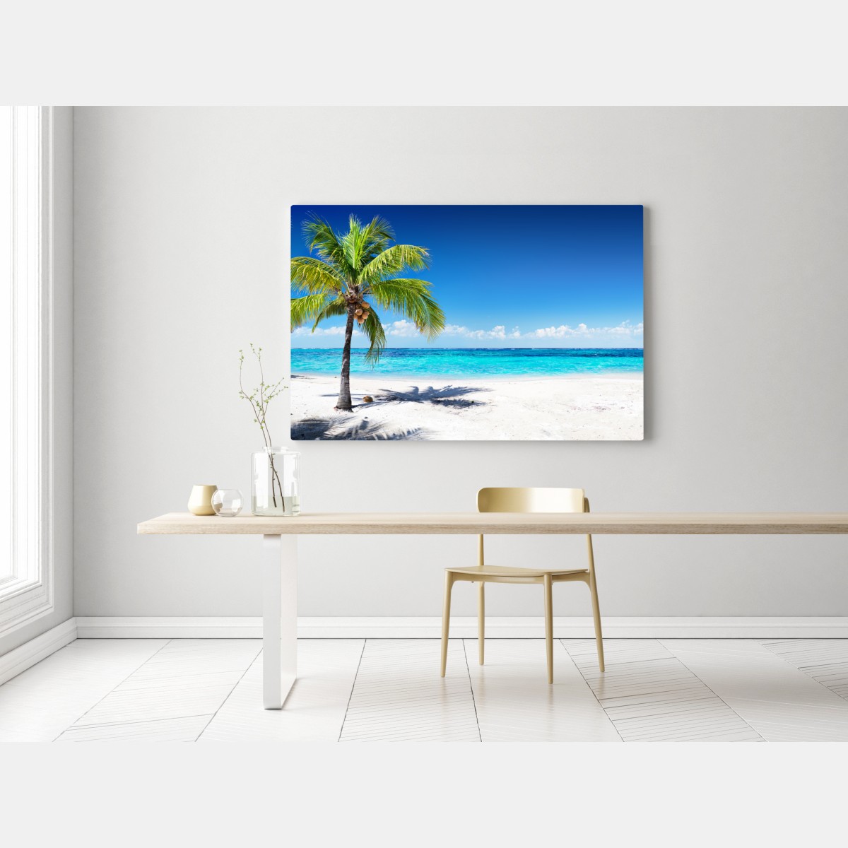 Obraz na płótnie tropikalna palma na turkusowej plaży – Wallissimo® Obraz na płótnie tropikalna palma na turkusowej plaży – Wallissimo®