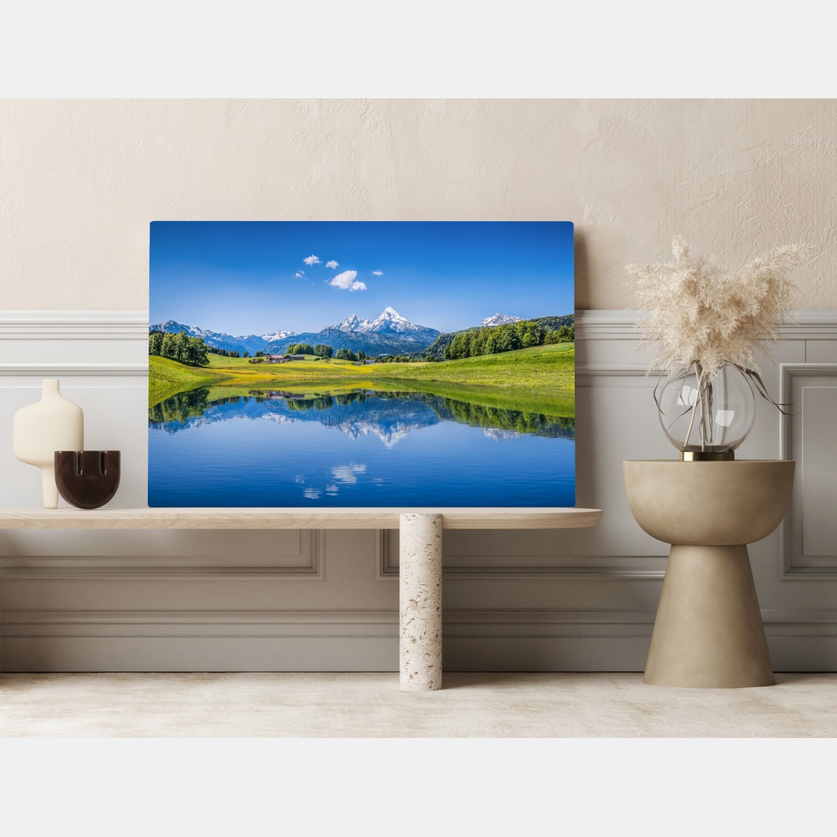 Obraz na płótnie alpejskie odbicie: spokojny krajobraz górski – Wallissimo® Obraz na płótnie alpejskie odbicie: spokojny krajobraz górski – Wallissimo®