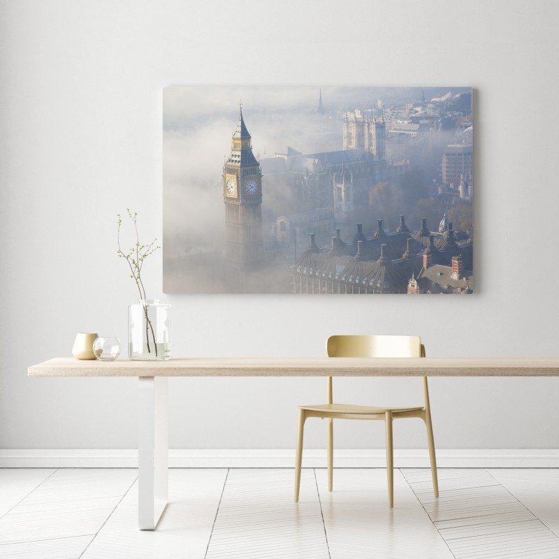 Obraz na płótnie mglisty widok z lotu ptaka na Big Ben i Pałac Westminsterski – Wallissimo® Obraz na płótnie mglisty widok z lotu ptaka na Big Ben i Pałac Westminsterski – Wallissimo®