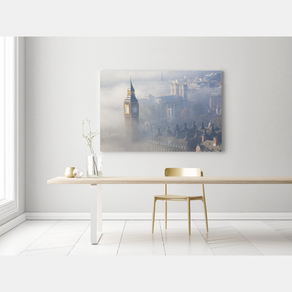 Obraz na płótnie mglisty widok z lotu ptaka na Big Ben i Pałac Westminsterski – Wallissimo® Obraz na płótnie mglisty widok z lotu ptaka na Big Ben i Pałac Westminsterski – Wallissimo®