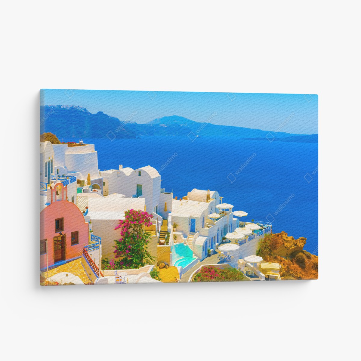 Canvas print sunlit view of Santorini's white villas and blue sea