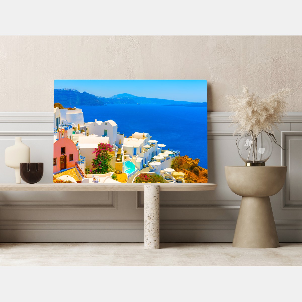 Obraz na płótnie słoneczny widok na Santorini: białe domy i błękit morza – Wallissimo® Obraz na płótnie słoneczny widok na Santorini: białe domy i błękit morza – Wallissimo®