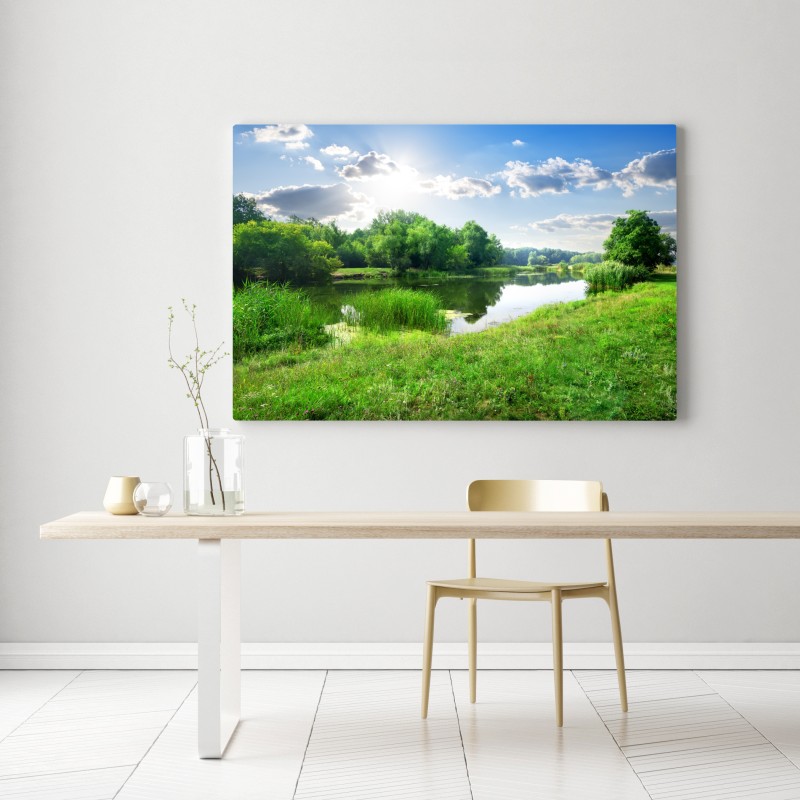 Obraz na płótnie słoneczna łąka nad rzeką – Wallissimo® Obraz na płótnie słoneczna łąka nad rzeką – Wallissimo®