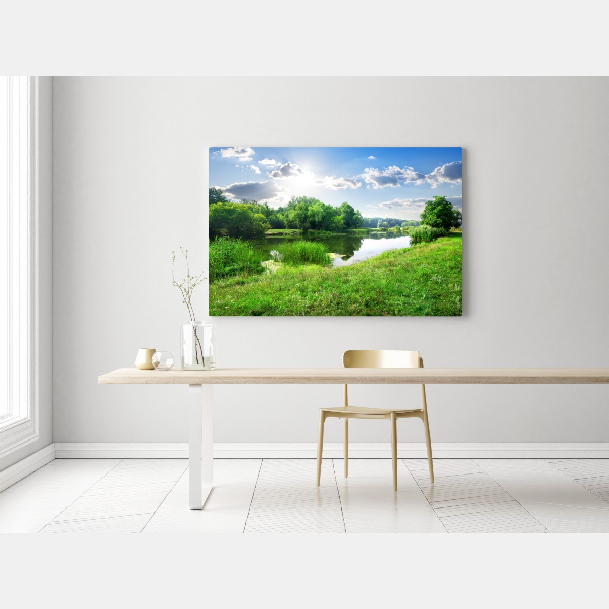 Obraz na płótnie słoneczna łąka nad rzeką – Wallissimo® Obraz na płótnie słoneczna łąka nad rzeką – Wallissimo®