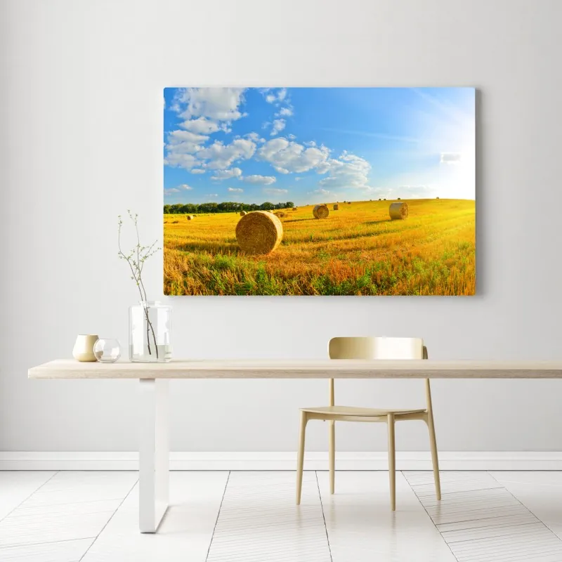 Obraz na płótnie złote pole siana pod błękitnym niebem – Wallissimo® Obraz na płótnie złote pole siana pod błękitnym niebem – Wallissimo®