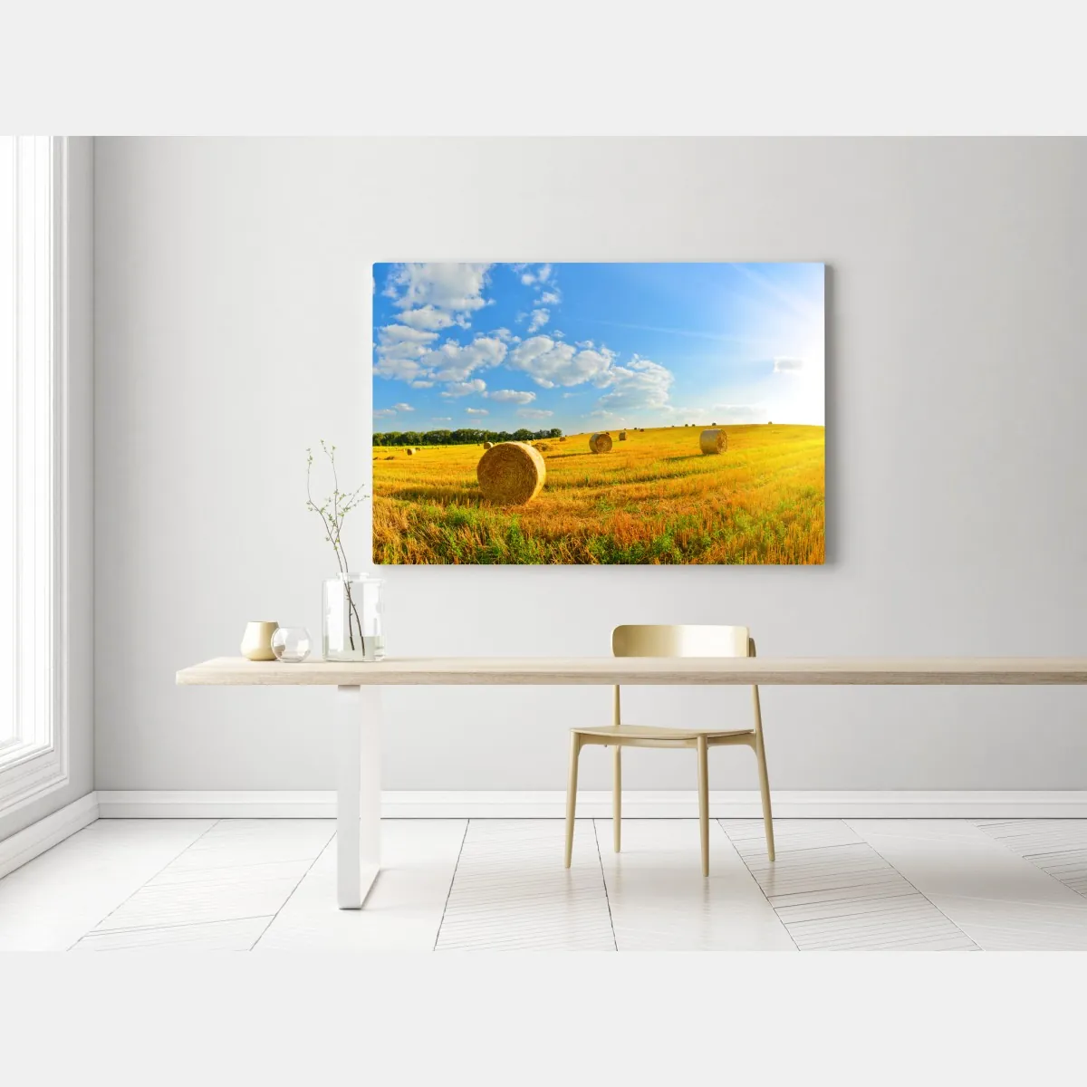Obraz na płótnie złote pole siana pod błękitnym niebem – Wallissimo® Obraz na płótnie złote pole siana pod błękitnym niebem – Wallissimo®